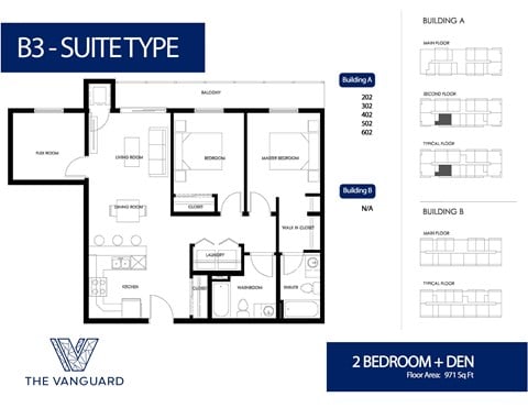 Floor plan for 2 beds, 2 baths, 971 sqft